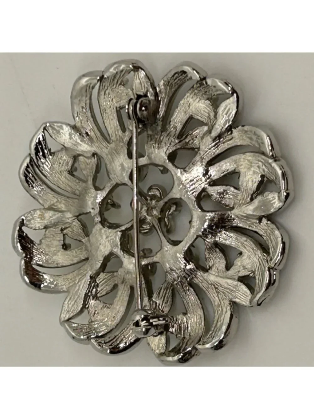 Vintage Aurora Borealis Brooch Rhinestone Silver-tone Pin Floral Starburst